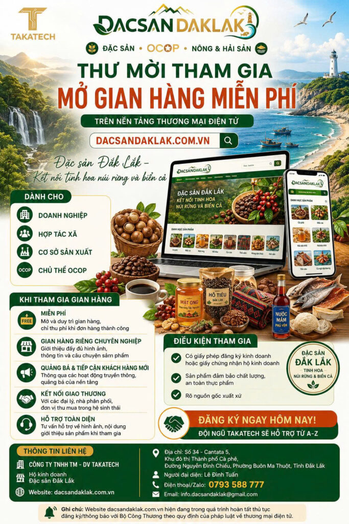 Thư mời tham gia mở gian hàng miễn phí trên nền tảng thương mại điện tử dacsandaklak.com.vn